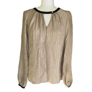 Alice & Trixie Silk Metallic Gold Stripe Black Genuine Leather Trim Blouse - S
